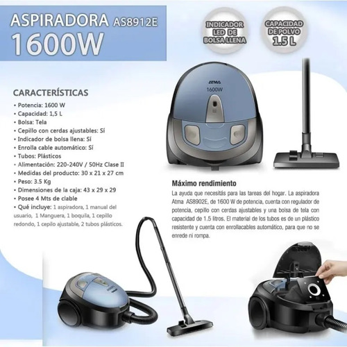 Aspiradora Atma 1600w 1,5 Litros Tubos Bolsa Tela As8902e | Envío gratis