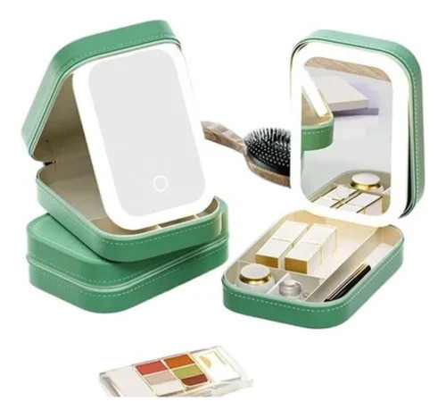 Joyero Porta Maquillaje Con Espejo Y Luz Led Carga Usb Verde