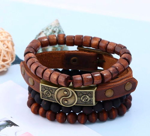 H Pulseira De Couro E Madeira Yin Yang Para Homens E