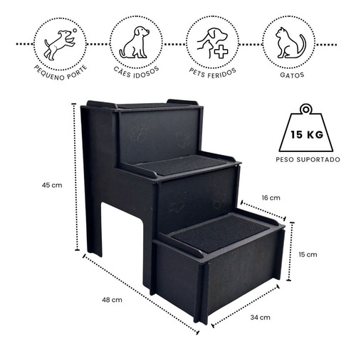 Escada Pet Cachorro Gato Escadinha Degraus P/ Cama Mdf 4mm Carpete Preto Cães E Gatos - Grupo Paraíso Mdf