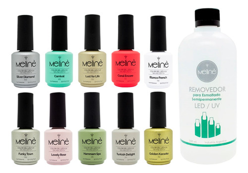 Meline Kit X10 Esmalte Semipermanente Uñas + Removedor 500ml