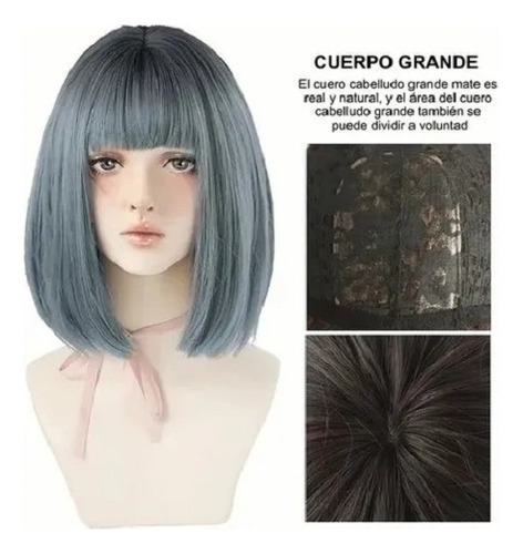 / Moda Mujer Peluca Natural Corta Color Azul Fibra Sintética