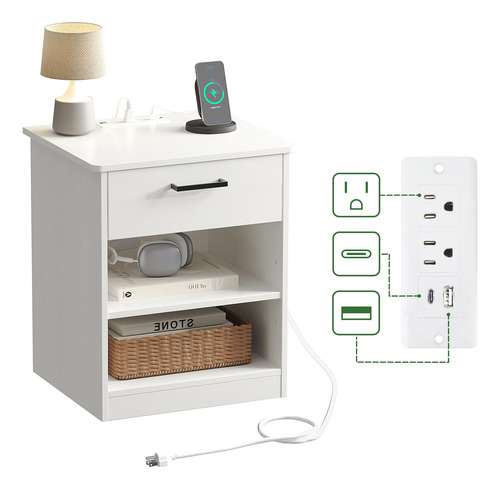 Mesa Auxiliar Blanca Con Carga Rápida Y Cajón Para Dormitori