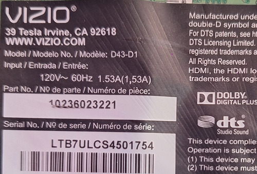 Main Vizio D43-d1 715g8093-m01-000-004t (Usado)