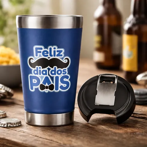 Copo Térmico Dia Dos Pais Inox 473ml Tampa Abridor Presente Azul Dia Dos Pais Bigode