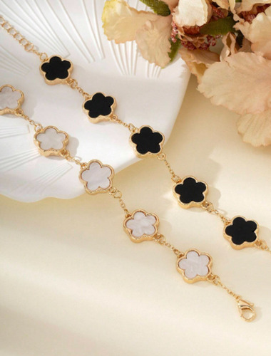 Set 2 Pulseras Trébol De 5 Hojas Clásico De Moda De Shein Negro Y Blanco 16.5 Cm