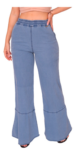 Calça Jeans Pantalona Flare Lycra Wide Leg Leve Molinha