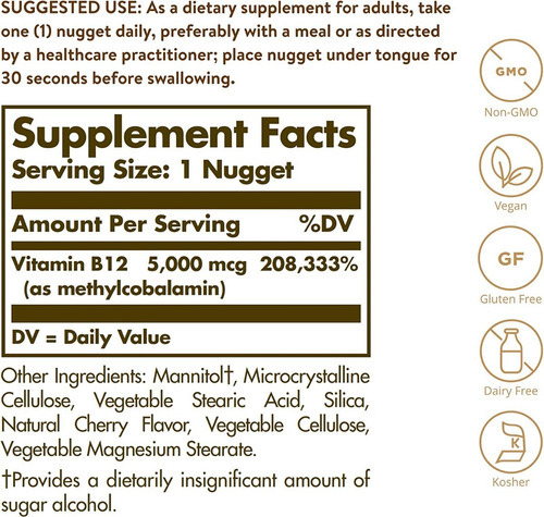 Imagen 2 de 3 de Metilcobalamina Vitamina B12. 5000mcg Sublingual. 60 Caps Sabor Sin Sabor
