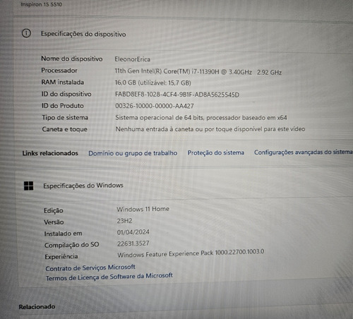 Notebook Dell Inspiron 15 5510 - I7 Prateado (Usado)