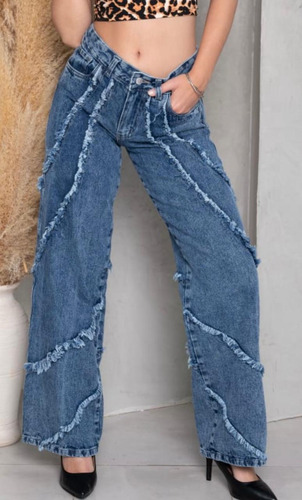 Jean Rigido Amplio Tendencia 2025 - Wide Con Flecos De Jeans