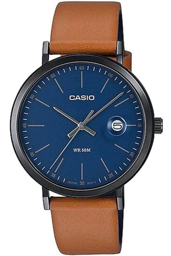Reloj Casio Collection MTP-E175BL-2eVdf para hombre, color de correa marrón, color de bisel, grafito, color de fondo azul