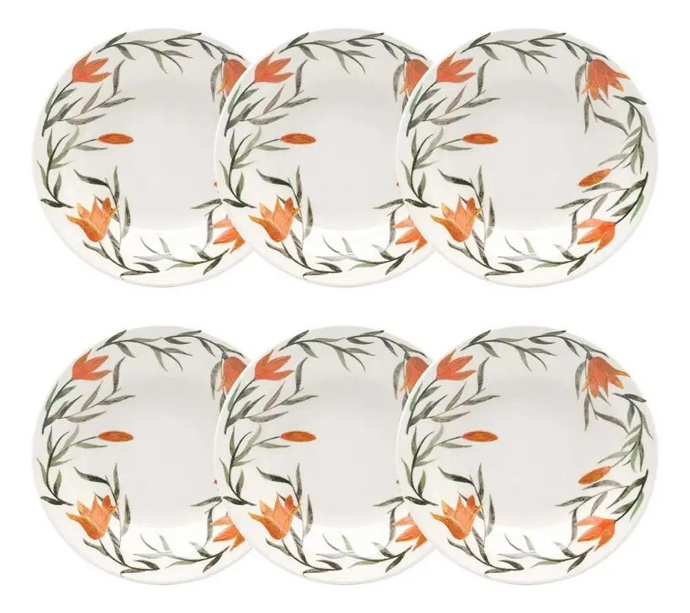 Conjunto de 6 Pratos Fundos Biona Donna Lírios Florido Verde, Laranja e Branco de 21,5"