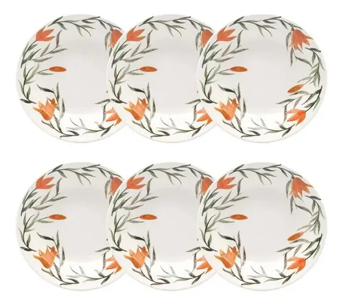 Conjunto de 6 Pratos Fundos Biona Donna Lírios Florido Verde, Laranja e Branco de 21,5&quot
