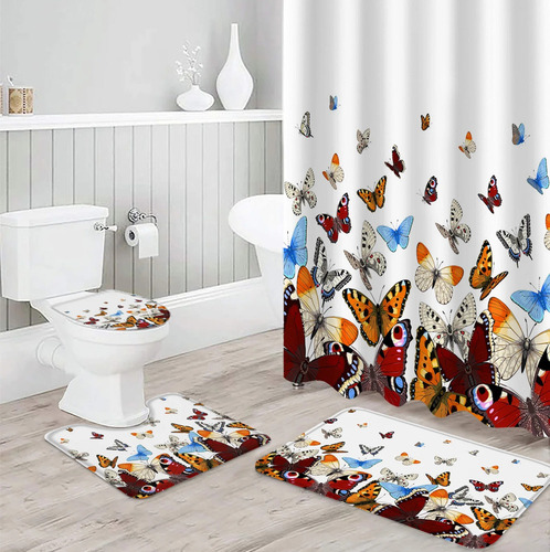 4pcs Set De Cortina De Ducha Mariposa Rústica Degradada