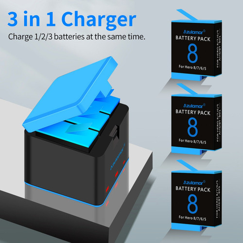 . Azuresea 3x Baterías Y Cargador Kit Para Gopro Hero 8 7 6