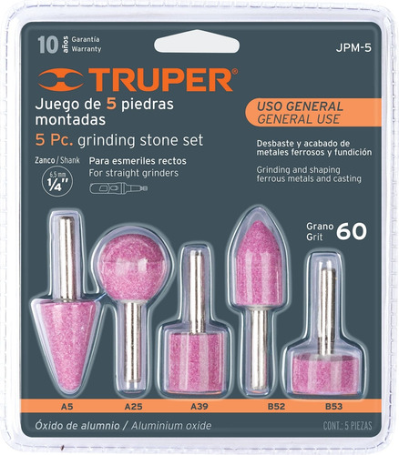 Juego 5 Piedras Montadas Esmeril Grano 60 Eje 1/4'' Truper