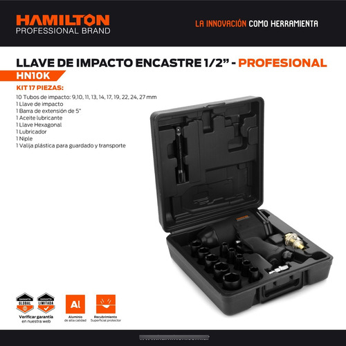 Llave Impacto Neumática Enc 1/2 17 Pcs 310 Nm Hamilton Hn10k