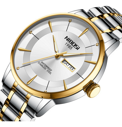 Relógios Masculinos De Calendário De Negócios Nibosi Luminou Cor Do Fundo Silver Golden White