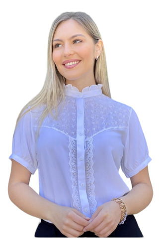 Camisa Manga Corta Blanca Con Broderie Y Puntilla Mujer 