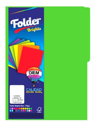 Folder Tamaño Oficio Colores Brillantes 25 Pzas Color Verde limón