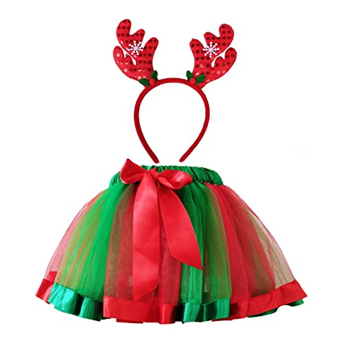 Danballto Tutú Navideño Para Mujer Conjunto De Navidad Xmas Disfraz De Elfo Con Diadema De Cuernos De Reno Rojo Verde