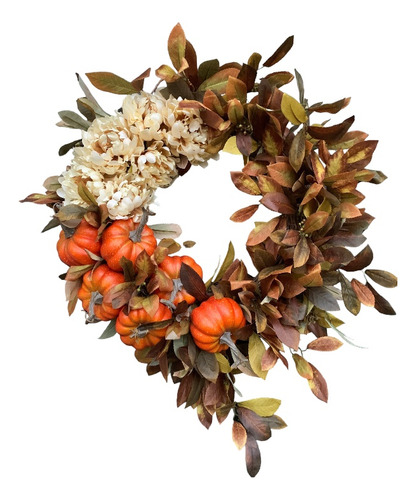 Corona Artificial Otoñal Con Peonias, Calabazas Y Hojas.