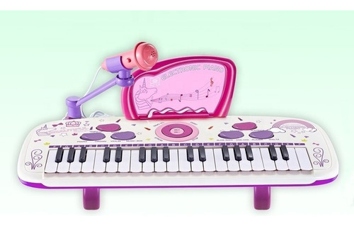 Piano Organeta Electrónica Musical Micrófono Silla Ref. 8809 Color Rosa