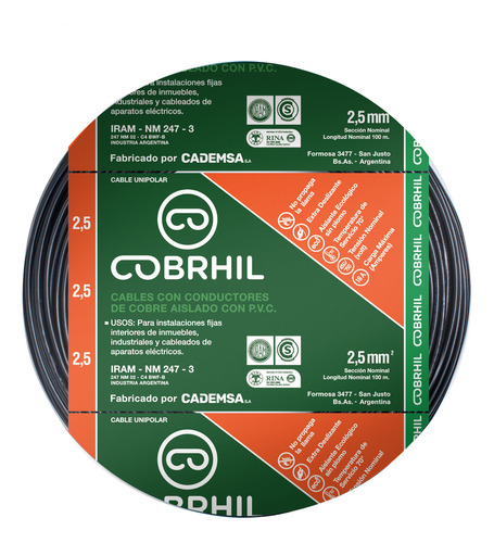 Cable Unipolar Normalizado Cobrhil 2.5 Mm Rollo 25 Mts Cubierta Negro