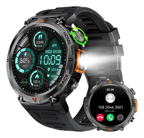 Smartwatch Ke3 Reloj Inteligente Con Linterna Integrada Estilo Militar Uso Rudo Y Deportivo Para Hombre Llamadas Notificaciones Deportes Sensor De Ritmo Cardiaco Isdewatch Negro