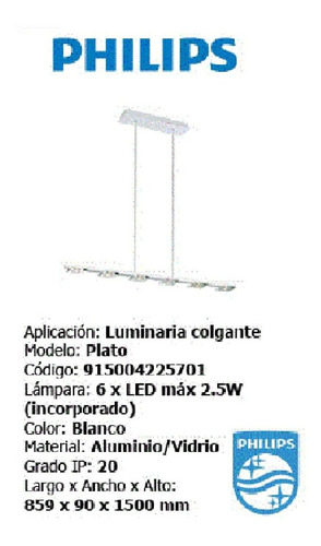Imagen 2 de 2 de Colgante Led Philips Plato Blanco 6 Leds Incorporados Nexo
