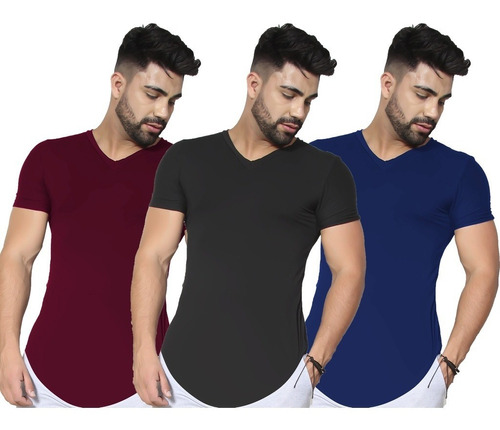 Kit 3 Camisas Masculina Long Line Gola V Elastano Swag