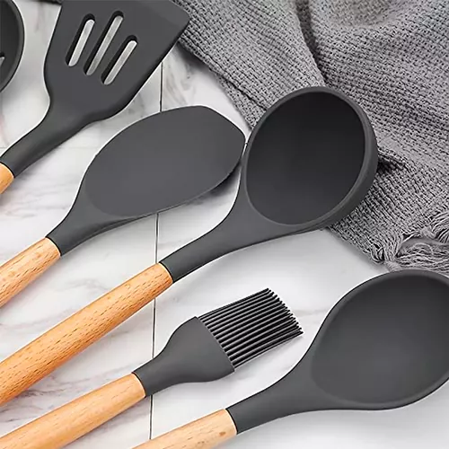 Set Utensilios Cocina Silicona X 12 U. Completo Mango Madera