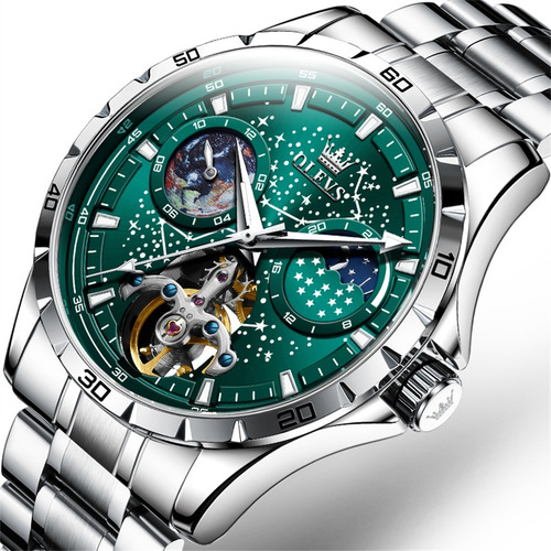 Reloj Mecánico De Acero Inoxidable Luminoso De Lujo Olevs Color Del Fondo Verde