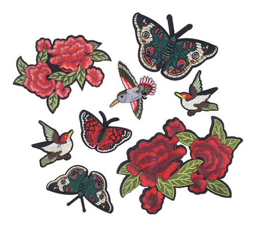 8pcs Costura Bordado Flor Pássaro Patches Etiqueta De Pano