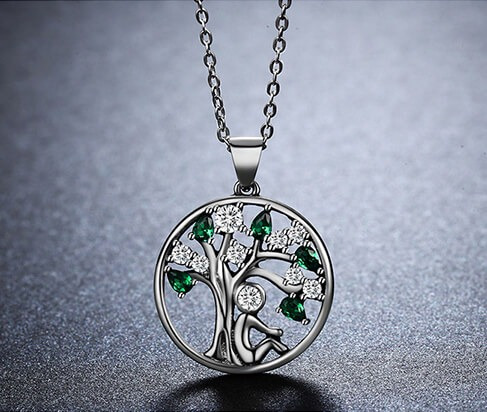 Collar Árbol De La Vida Verde Para Mujer Dama En Plata 925