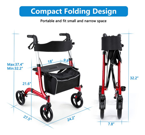 Rollator Walker Heaconnex Dobrável Com Assento, Rodas De 8 P