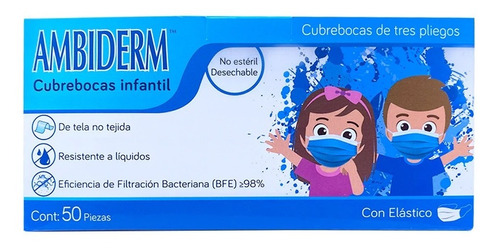 Cubrebocas Ttp Infantil Color Azul Caja Con 50 Piezas 