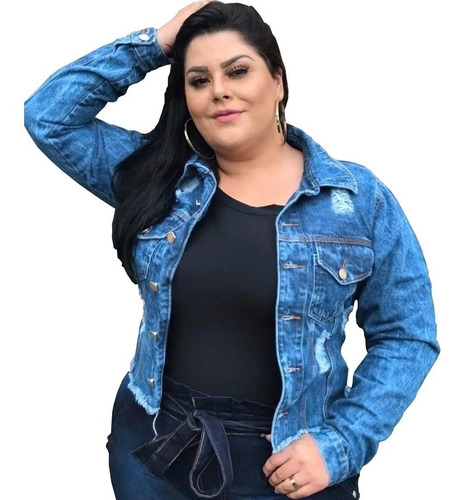 Imagem 1 de 4 de Jaqueta Jeans Feminino Plus Size Rasgada Blusa Agasalho Frio