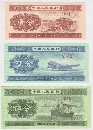 Coleccion 3 Billetes De China 1, 2 Y 5 Fen 1953 Unc (c85)