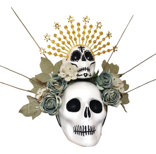 Diadema De Cráneo Con Corona Dorada Con Flores Verde