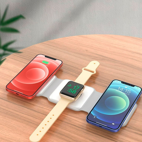 Base Cargador Inalambrico Plegable 3 En 1 Estación De Carga Para iPhone Slim Company Base Magnética Para Smartphone Reloj Audífonos Dispositivos Apple Y Android Carga Segura Color Blanco