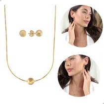 Comprar Kit Conjunto Colar E Brinco Feminino Pingente E Brinco De Bola Craquelado Corrente Veneziana Com 45 Cm Banhado Á Ouro 18k Com Banhado Antialérgico Andreia Branco Acessórios