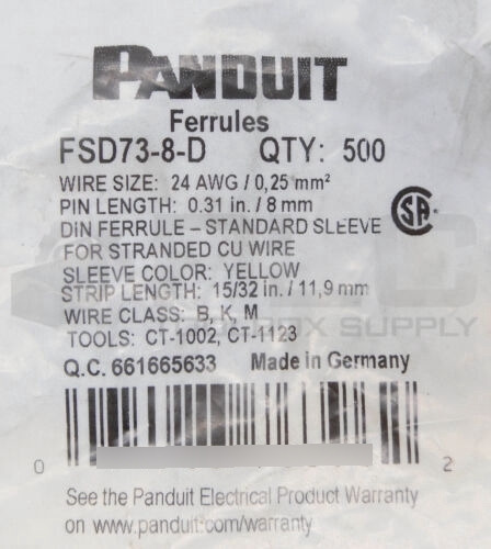 Sealed New Bag Of 500 Panduit Fsd73-8-d Ferrules 0.31 24awg