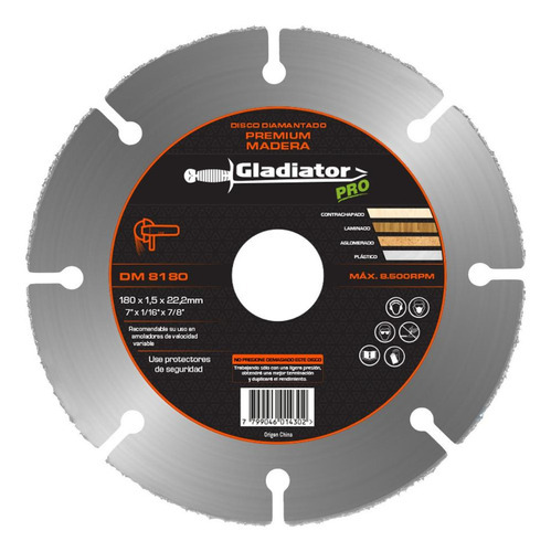 Disco 7  Corte Madera 180x1,5x2,5 X 22,2mm Gladiator Pro Color Negro