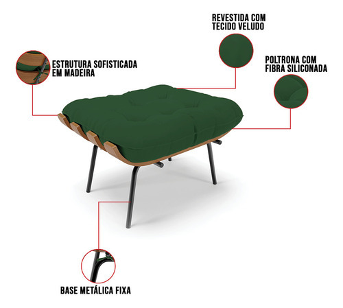 Kit 01 Poltrona E 01 Puff Costela Veludo Verde Base Metálica
