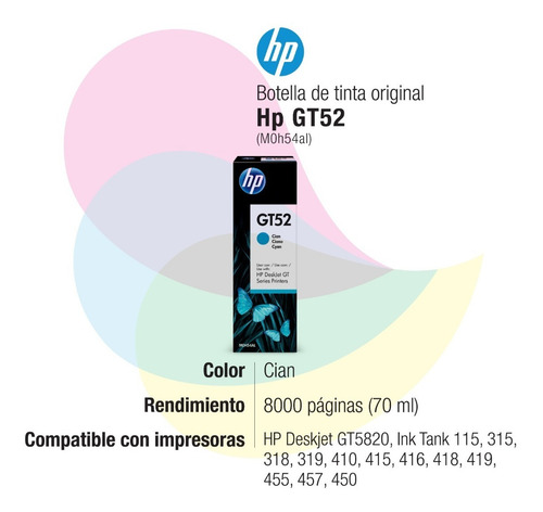 Imagen 2 de 5 de Tinta Hp Gt52 Cyan Original M0h54al Deskjet Gt5820 410 415