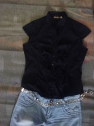 Camisa Blusa Negra De Dama Cuello Mao