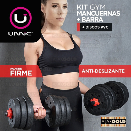 Imagen 6 de 8 de Kit Gym Mancuerna Barra Topes Rosca Fitness + Discos 20 Kg