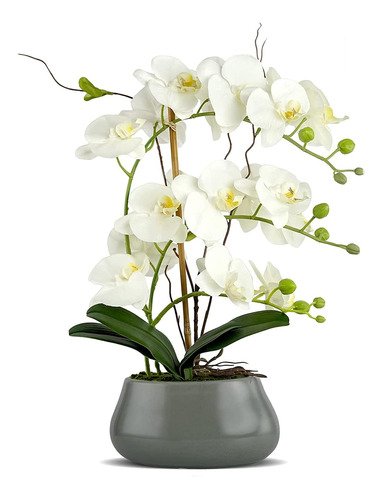 Flores Artificiales De Orquídea Blanca Con Jarrón Gris, Arre