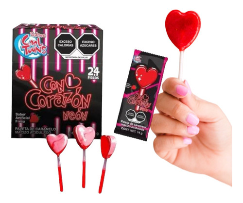 Paleta De Corazon Neon Con Palito Luminoso Brilla 72 Pzs
